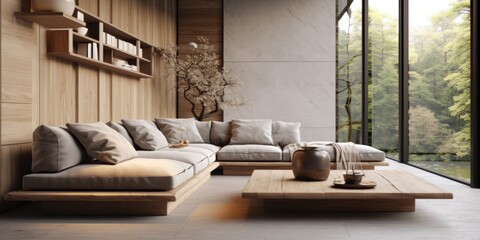 Japandi style interior design of modern living room