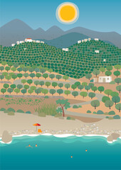 Summer in the middle of olive groves. Hot day on the coast. Vector image. - 640132000