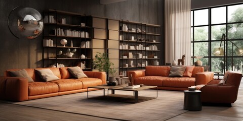 Luxury interior design of modern living room with terra cotta leather sofa