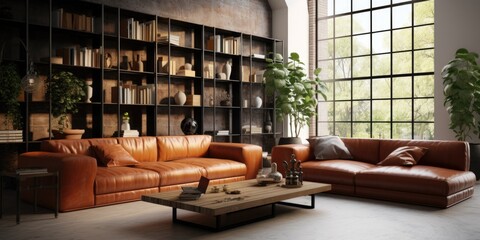 Luxury interior design of modern living room with terra cotta leather sofa.