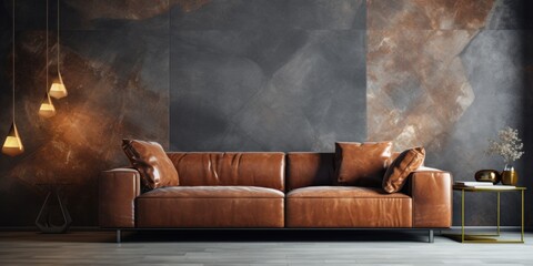 Luxury leather sofa against marble wall. Interior design of modern living room