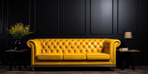 Luxury yellow tufted sofa against of black paneling wall. Interior design of modern living room