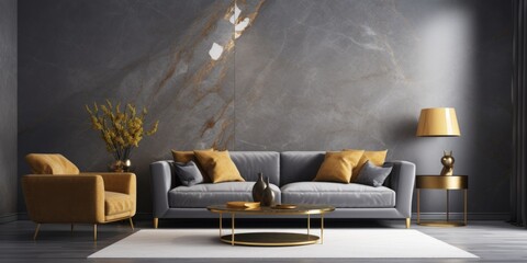 Marble stone paneling wall behind gray velvet sofa. Interior design of modern living room with golden decor