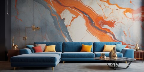 Interior with orange sofa in modern living room with mockup wall, home design