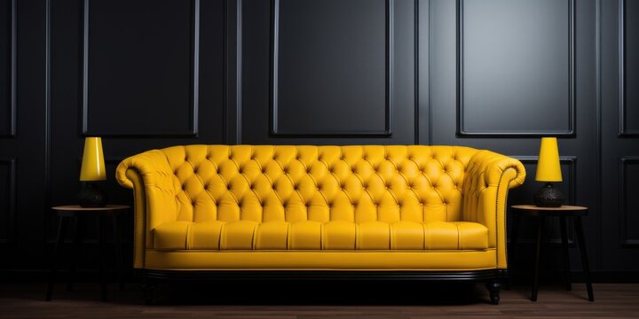 Luxury yellow tufted sofa against of black paneling wall. Interior design of modern living room