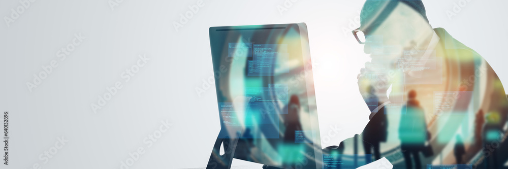 Aufkleber double exposure of executive people and futuristic technology concept. wide angle visual for banners