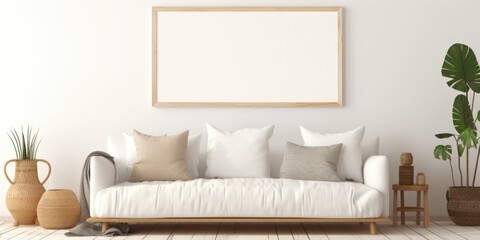 Mock up blank frame on white wall. Boho interior design of modern living room.