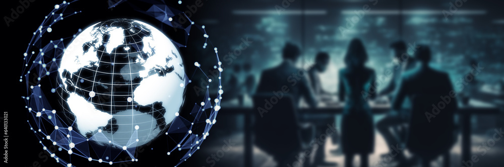 Poster futuristic office and global communication network concept. wide angle visual for banners or adverti
