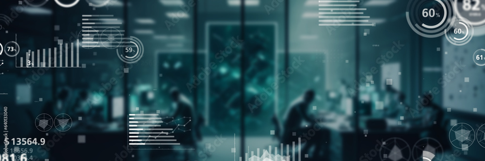 Aufkleber Futuristic office and statistics data concept. Wide angle visual for banners or advertisements.