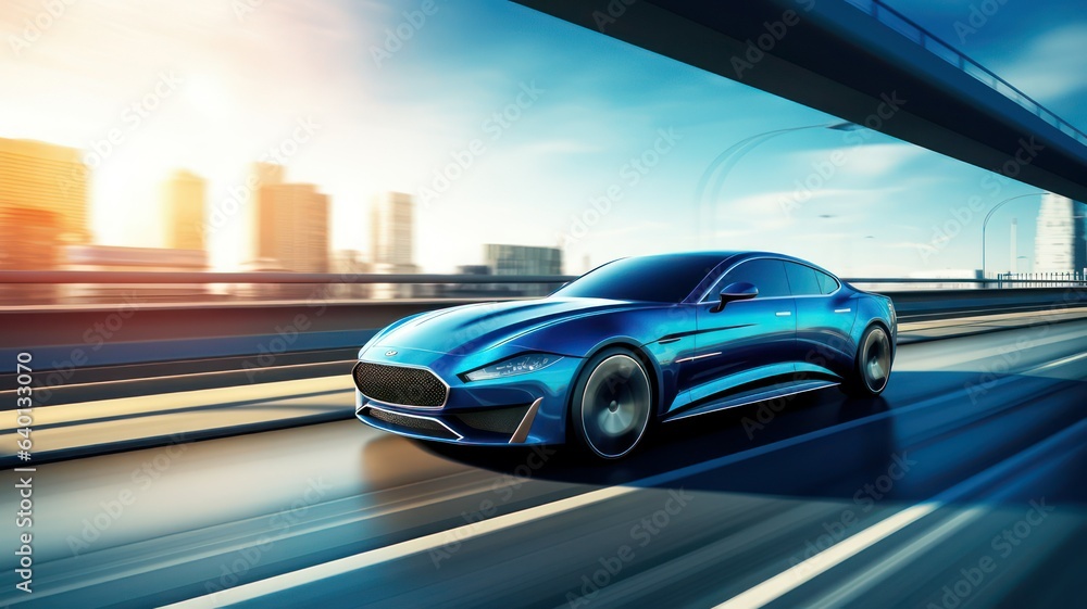 Poster front side view of blue business car on high speed in turn created with generative ai