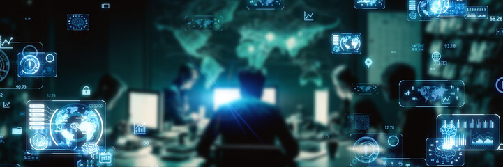 Futuristic office and digital technology concept. Wide angle visual for banners or advertisements.