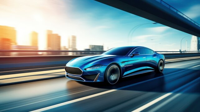 Front side view of blue business car on high speed in turn created with Generative AI