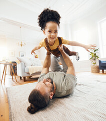 Father, child and airplane game on floor, playing and excited with care, love and lift in air,...
