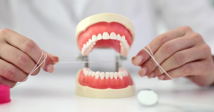 Dentist in the clinic visually shows patient and use dental floss to clean teeth on plastic mouth of person. Oral hygiene