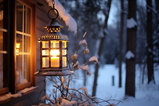 The golden glow from inside contrasts the cold outside, a beacon of warmth in winter's night