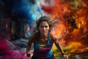 Obraz na płótnie Canvas Active Female Athlete Running. A Young Woman Engaged in a Vigorous Run, Showcasing Her Athleticism and Pursuit of a Healthy Lifestyle, Against the Urban Background of a Running Track