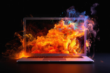 Burning laptop with flames and smoke.Perils of Technology and the Dangers of Cyber Inferno. failure damaged and data loss. Hot fire.