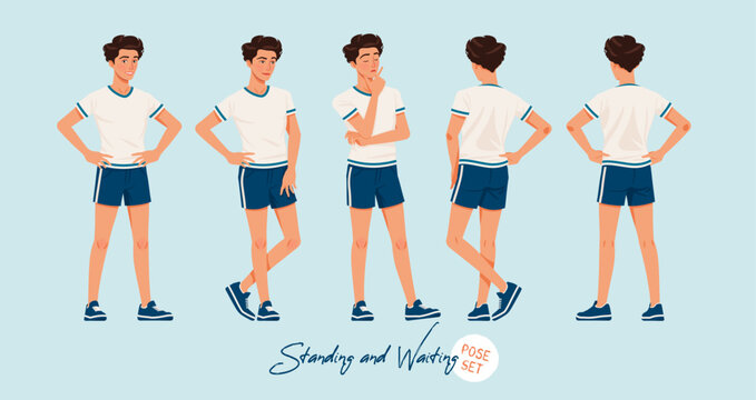 Sporty teenage active boy set standing, waiting poses. Young man wearing activewear athletic boy player outfit. Health, wellness, physical education, fitness male coach. Cartoon character illustration