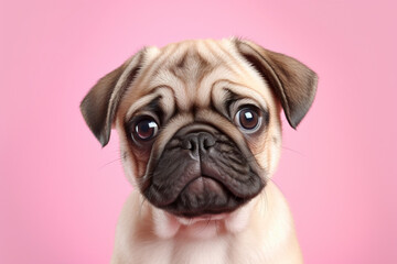 Cute pug dog puppy on pink background
