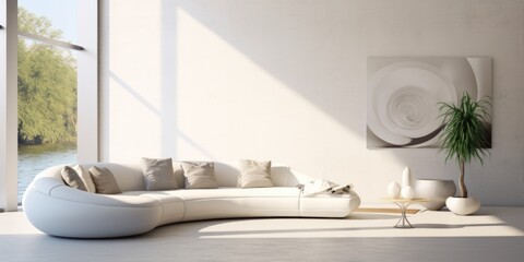 Modern interior with white sofa panorama