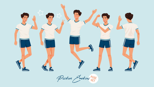 Sporty teenage active boy set positive emotions poses. Young man wearing activewear athletic boy player outfit. Health, wellness, physical education, fitness male coach. Cartoon character illustration