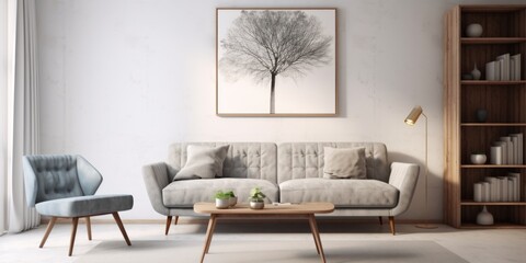 Modern scandinavian style interior of living room with gray sofa, white wall with door