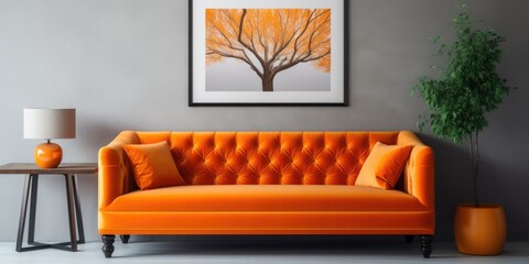 Orange tufted velvet sofa and frame on the wall. Interior design of modern living room