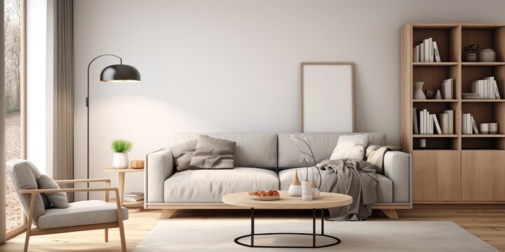 Modern scandinavian style interior of living room with gray sofa, white wall with door