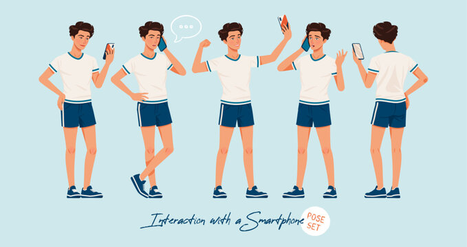 Sporty teenage active boy set smartphone chat, selfie poses. Young man activewear athletic boy player outfit. Health wellness, physical education, fitness male coach. Cartoon character illustration