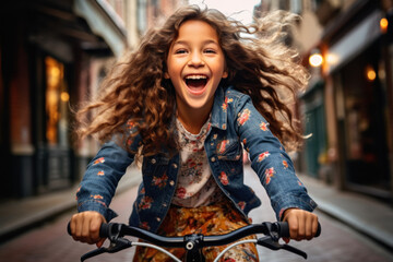 Fototapeta na wymiar Happy young girl riding bicycle in the city. Embracing active joy, eco friendly transportation, and a healthy lifestyle for fun filled urban adventures and quality family bonding