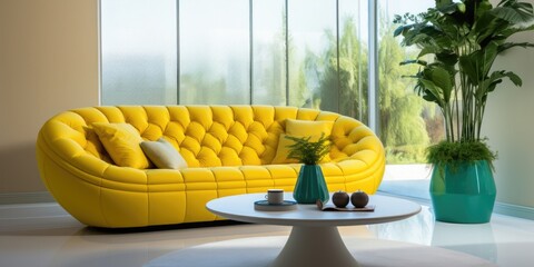Vibrant tufted round yellow sofa and white coffee table. Interior design of modern living room