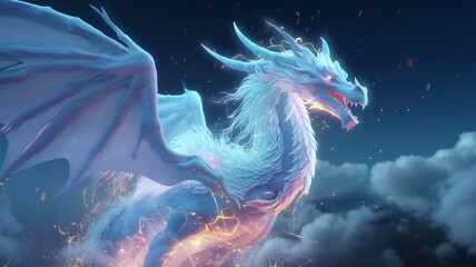 Beautiful majestic white dragon flying sky wallpaper image Ai generated art - obrazy, fototapety, plakaty