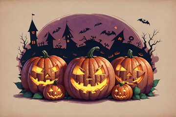 Cute funny Halloween background with pumpkins. 