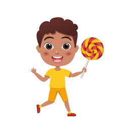 child licks lollipop. happy cute little kid boy and girl eat candy and sweets. Unhealthy eating. Lollipop. Handsome black skin boy. African American people