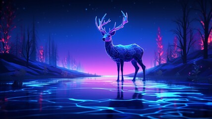 Fototapeta premium Deer drinking magic color with glowing horns illustration picture Ai generated art