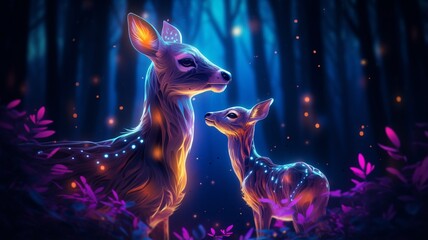 Deer caressing its calf neon light illustration image Ai generated art