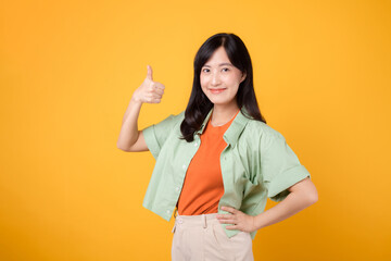 captivating young Asian woman in her 30s, dressed in an orange shirt and green jumper. Her thumbs up gesture, isolated on a sunny yellow background, embodies the concept of support.