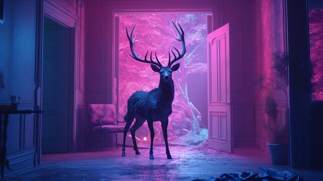 Deer animal standing bedroom neon light illustration picture Ai generated art