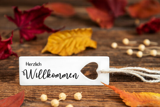 Autumn Background, Label with Herzlich Willkommen