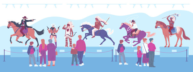 Museum visitors enjoying expositions Indians, cowboys on horses, weapons, ethnic costumes, vector Wild West excursion