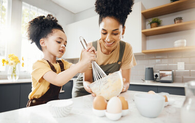 Child, mom and baking in kitchen, helping and learning with support, development and breakfast....