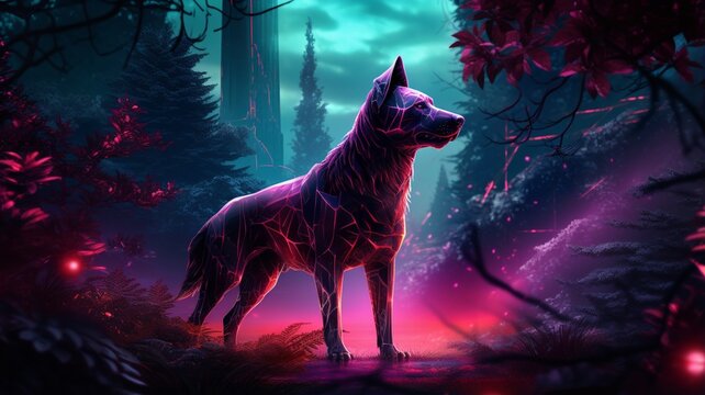 Dog neon thick forest artist artwork digital art illustration picture Ai generated art