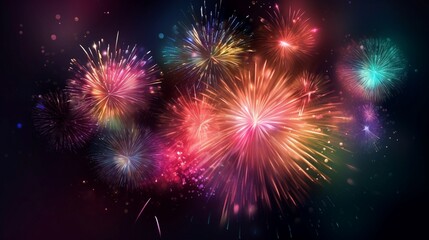 Fototapeta na wymiar Fireworks on colorful bokeh background. Happy New Year. Generative AI.