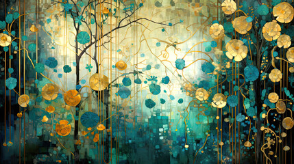 Beautiful abstract nature scene with golden flowers. Textured artwork in teal, blue and gold. High resolution panoramic wall art, art nouveau, jugendstil.