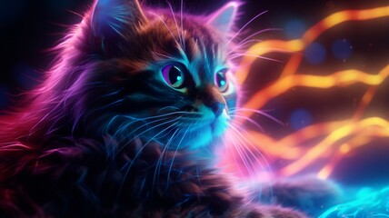 Furry happy cat hyperrealist neon light illustration picture Ai generated art