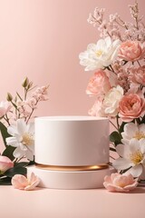 3D rendering cosmetic product display stand with flowers on pink background. Mockup for design