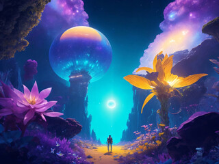 Obraz na płótnie Canvas The glowing dreamy space scene with glowing stars and planets whispering secrets and flowers emitting radiant glows. Forest background with butterflies and beautiful flowers.