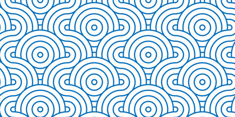 Fototapeta na wymiar Seamless geometric ocean spiral pattern and abstract circle wave lines. blue seamless tile stripe geomatics overloping create retro square line backdrop pattern background. Overlapping Pattern.