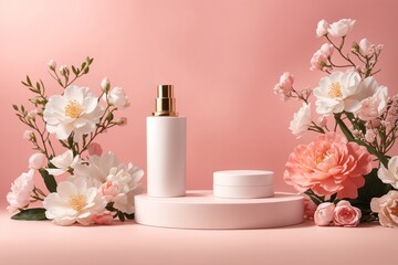Obraz na płótnie Canvas 3D rendering cosmetic product display stand with flowers on pink background. Mockup for design