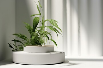 Product display podium with nature leaves on white background. 3D rendering. generative ai.
